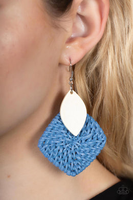 Sabbatical WEAVE Blue and White Wooden Leaf Earrings Paparazzi Accessories. Get Free Shipping