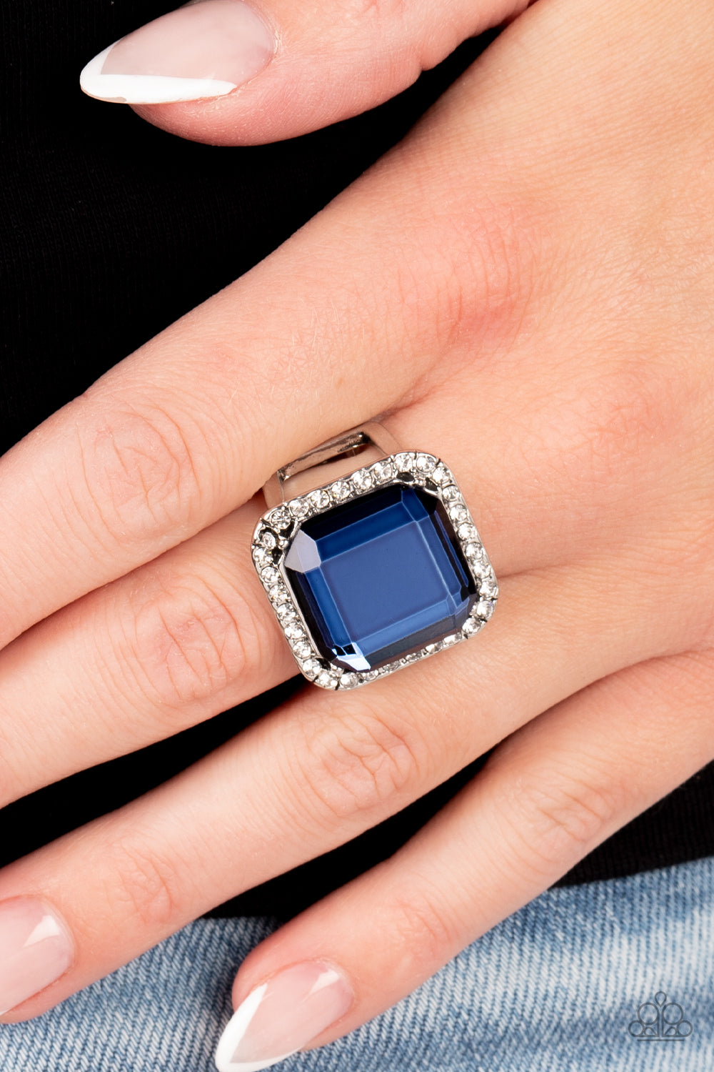 Slow Burn Blue Square SkyDiver Gem with White Rhinestone Ring Paparazzi Accessories. Ships Free