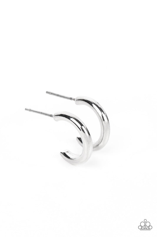 Small-Scale Shimmer Silver Earrings Paparazzi Accessories dainty hoop. #P5HO-SVXX-334XX.
