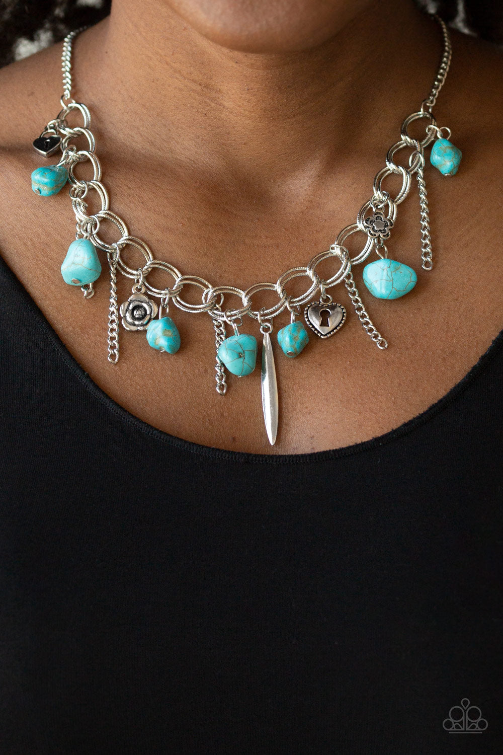 Paparazzi Necklace ~ Southern Sweetheart - Blue Rock Beads and Silver Charms Necklace