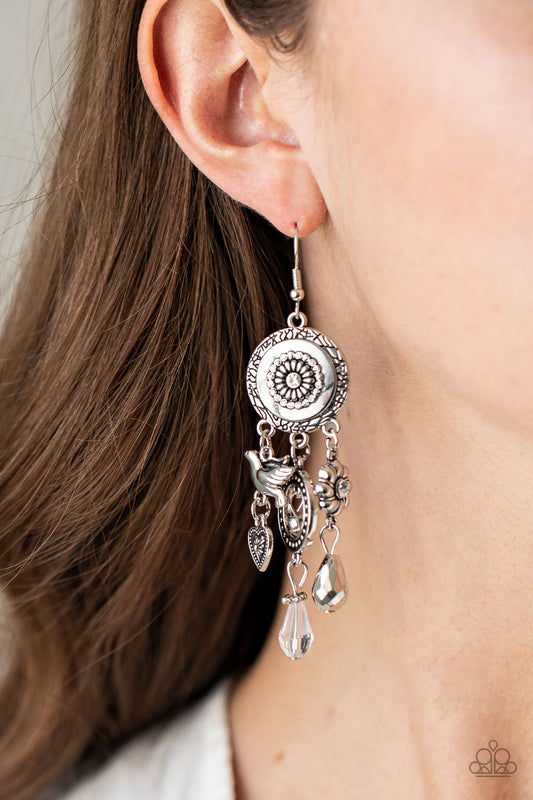 Paparazzi Springtime Essence - Silver Earrings with bird, heart and flower charms #P5WH-WTXX-174XX