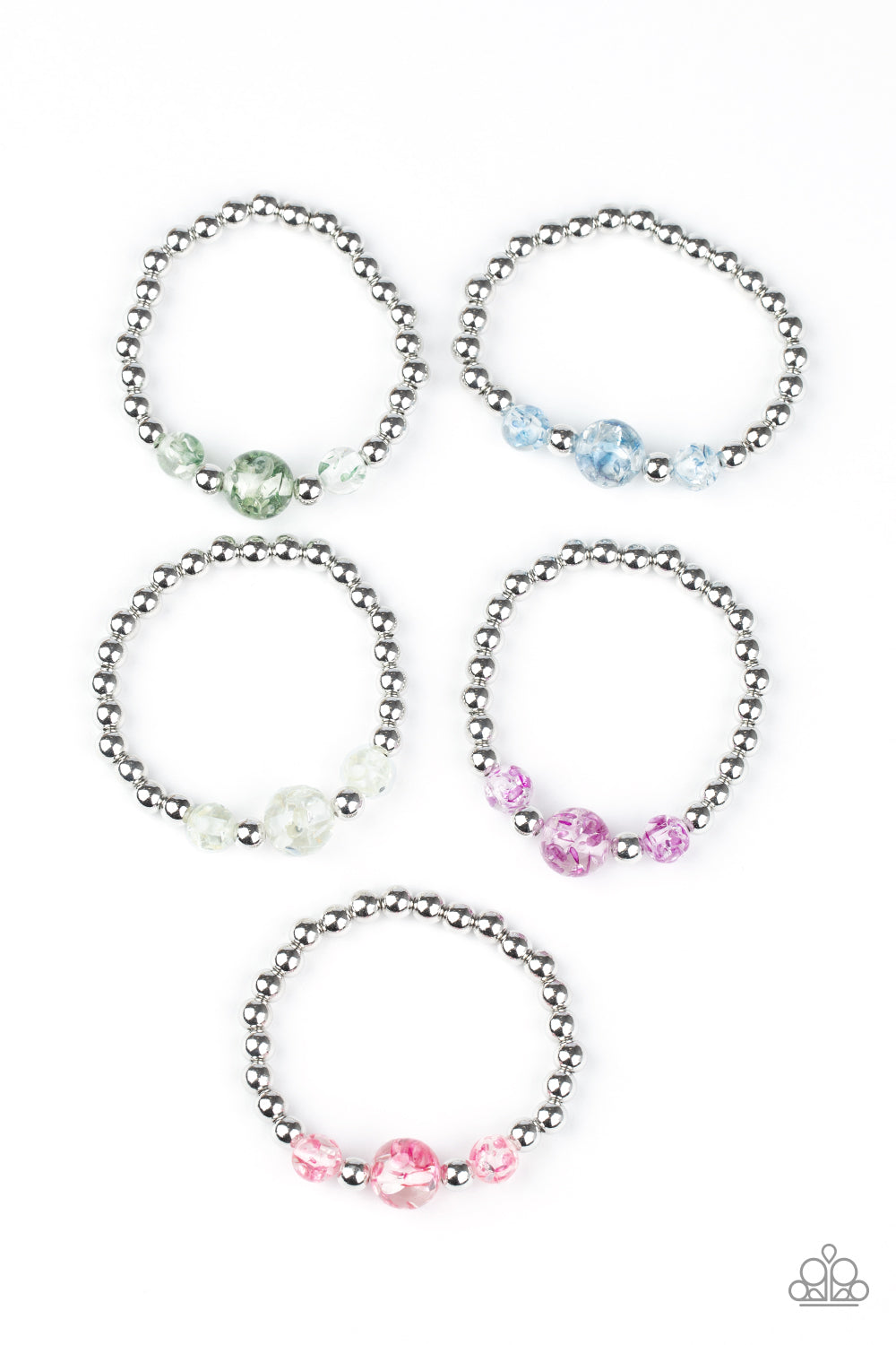 Starlet Shimmer Silver and Glassy Kids Bracelet Paparazzi Accessories. Assorted colors and shapes. 