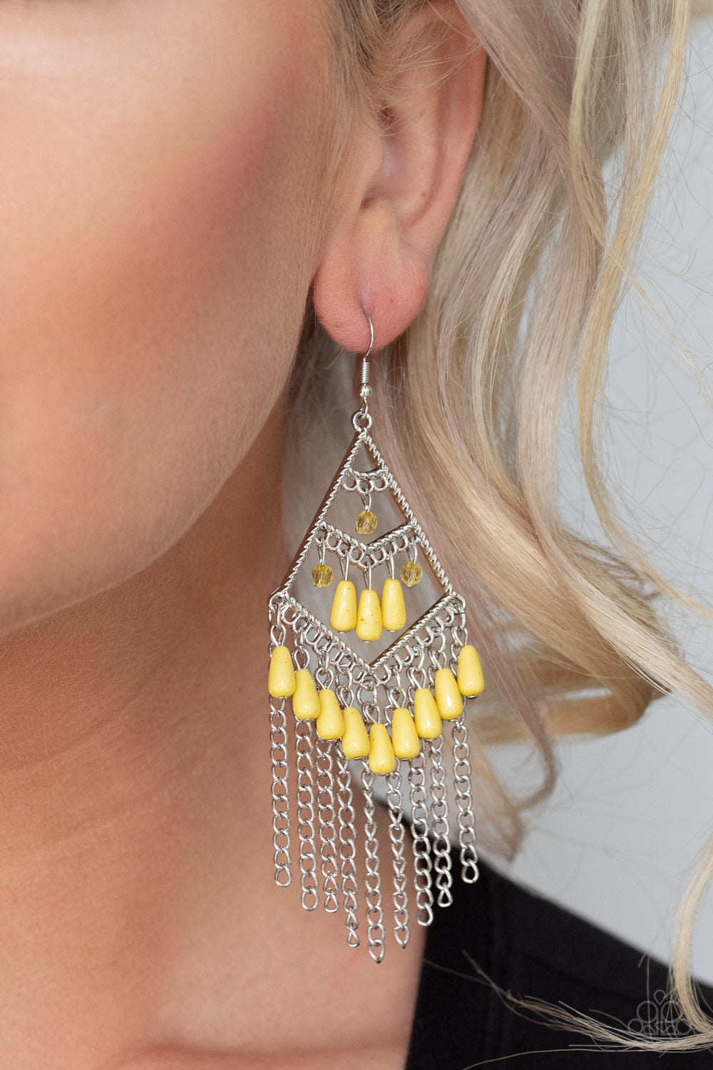 Paparazzi Earring ~ Trending Transcendence - Yellow in shimmery silver chains