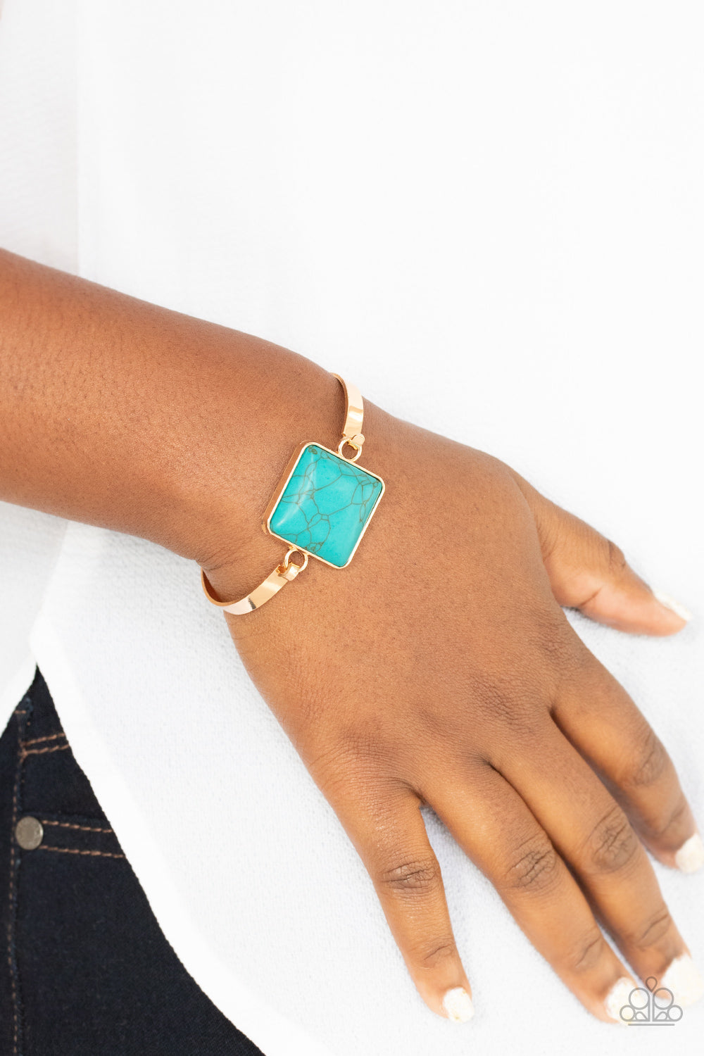 Turning a CORNERSTONE Gold and Turquoise Blue Bracelet Paparazzi Accessories. Free Shipping