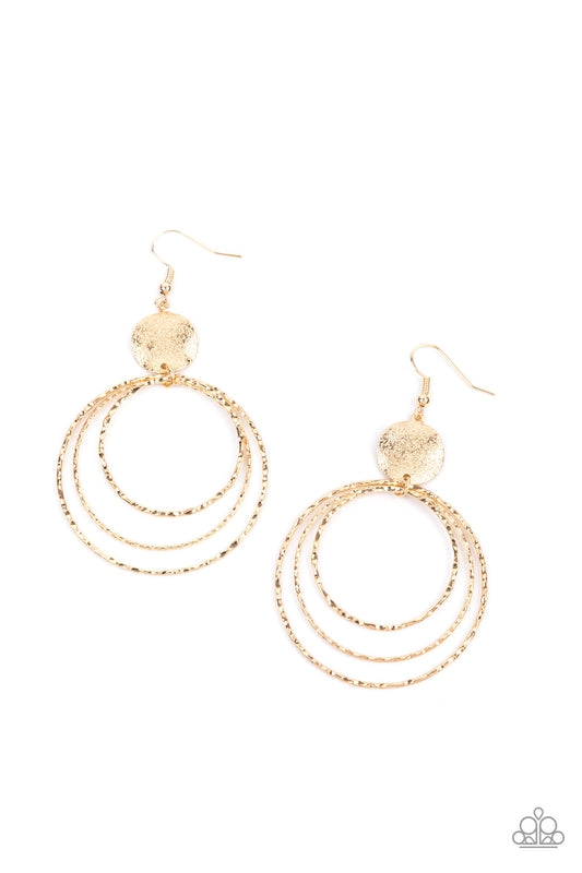 Universal Rehearsal - Gold Circular Disc Earring Paparazzi Accessories 