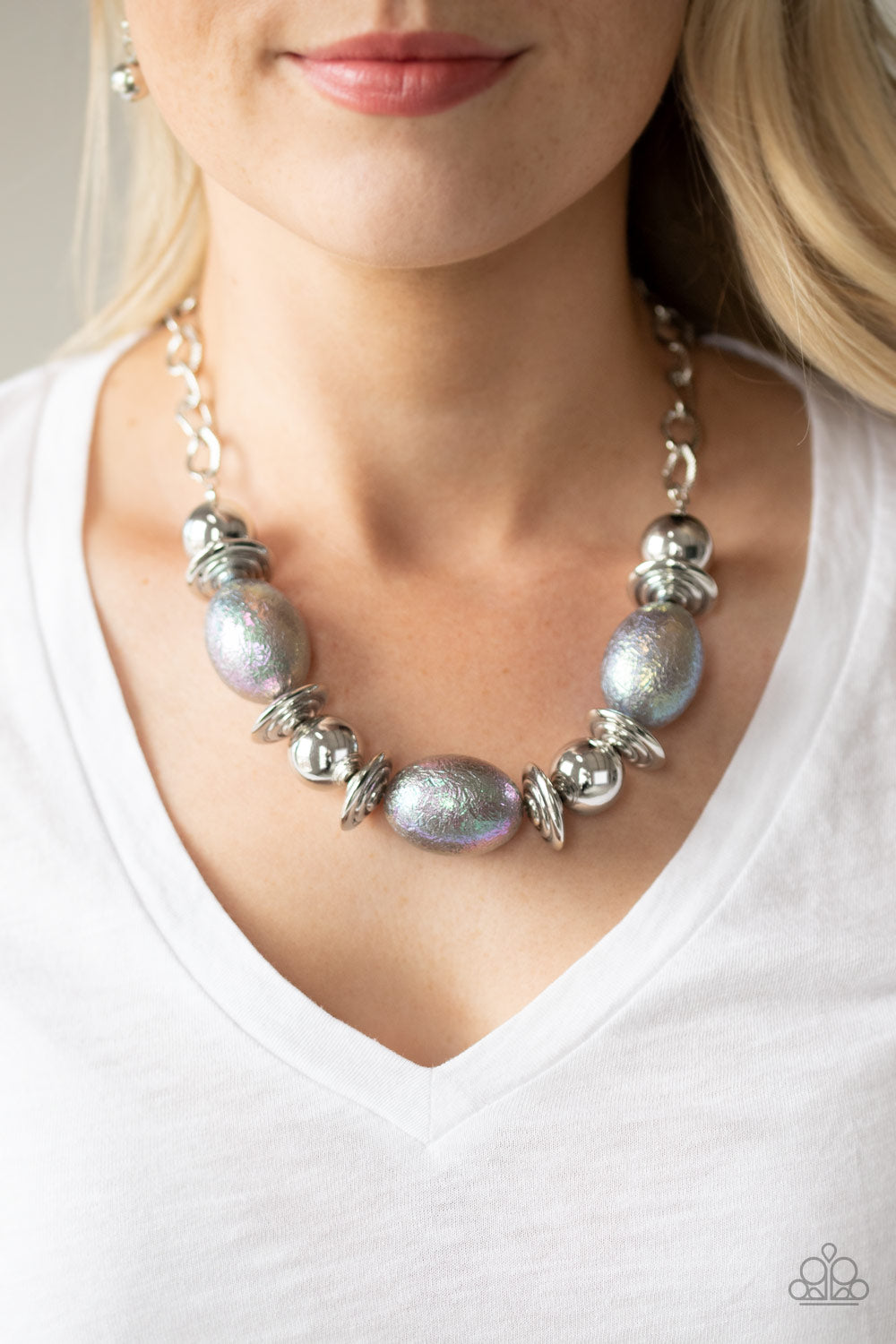 Welcome To The Big Leagues Silver Iridescent Bead Necklace Paparazzi Accessories. Free Shipping