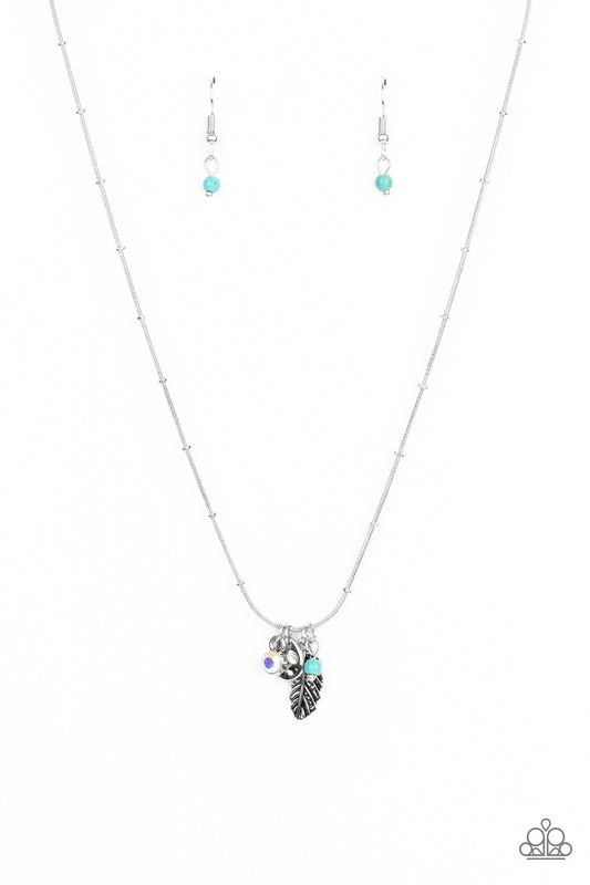 Wildly WANDER-ful Blue Dainty Necklace Paparazzi Accessories with feather charms and turquoise stone